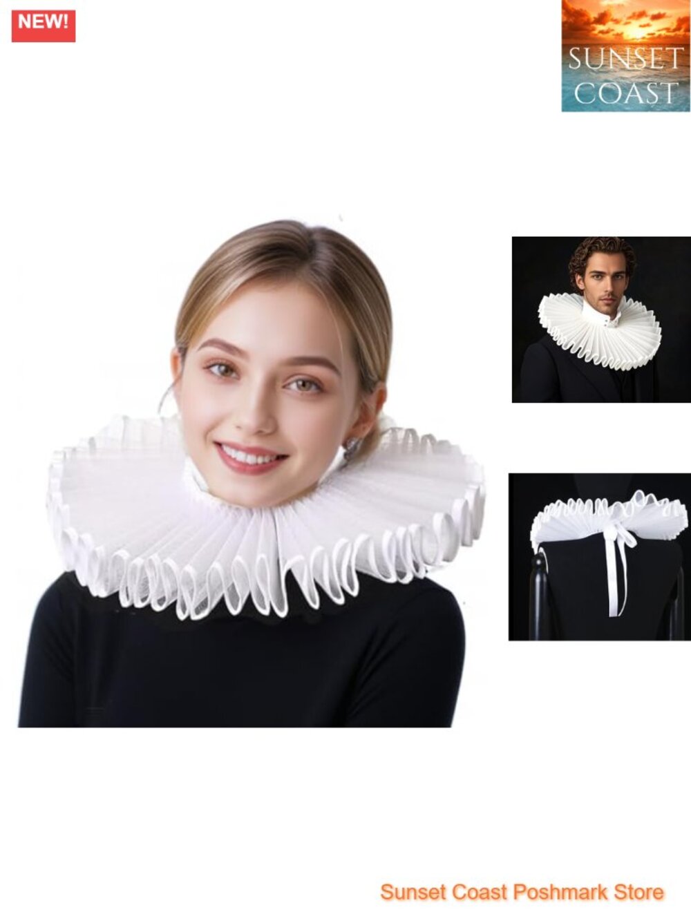 Victorian Lace Ruffle Collar & Cuff Costume Set Renaissance Neck Ruff